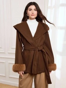 Miaspire Women's Elegant Wool Blend Hooded Cardigan Coat With Belt, Deep Brown, Fuzzy Cuffs, High-Quality Silhouette Autumn Winter Clothes For Women - Brown - View 3