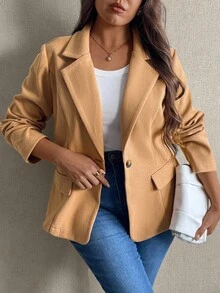 EMERY ROSE معطف نسائي ضيق بياقة صدر وأكمام طويلة وزر واحد، مقاسات كبيرة، قماش خريفي/شتوي للنساء