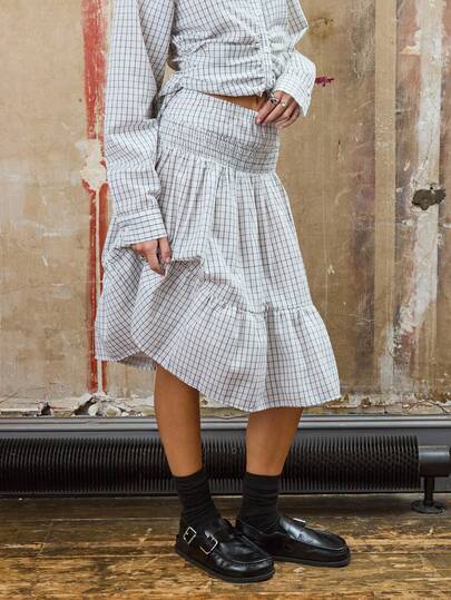 COUREZ Elastic Waist Check Midi Skirt /Y2K Fall Clothes For Women Winter Clothes For Women Casual Going Out Outfits Casual Sexy Party Outfit