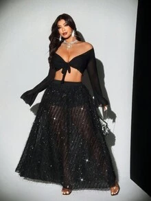 Viva Relle Plus Size Fashionable Sexy Fringed Sheer Skirt - Black - View 2