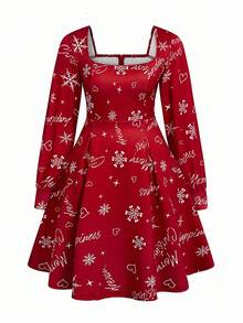 EMERY ROSE Vestido elegante de vacaciones, Navidad y otoño con estampado para damas de talla grande - Rojo - Ver 9