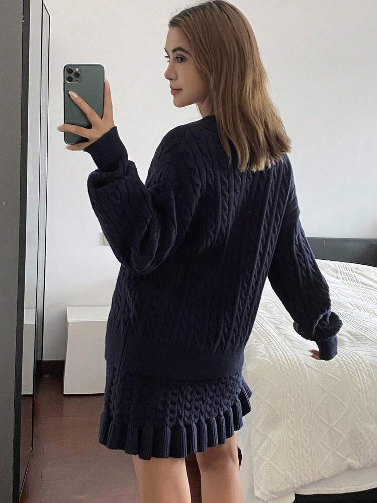 Embroidered Pattern Loose Turndown Collar Vintage Cable Knit Long Sleeve Pullover Sweater With Ruffle Hem Mini Skirt Casual Autumn/Winter 2 Pieces Set For Women