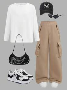 SHEIN 青少年男孩休闲长袖 T 恤套装、侧袋 3D 贴片宽松直筒纯色梭织裤、工装裤 - 卡其色 - 查看 2