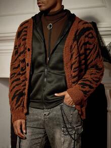 Manfinity Roghcode Lässige, locker sitzende Knopf-Vorder Langarm Strickjacke für Herren, Herbst Winter - Braun - Übersicht 3