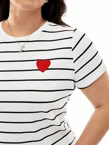 Solavibe Plus Size Women Knitted Striped T-Shirt With Small Heart Embroidery For Summer - Black and White - View 4