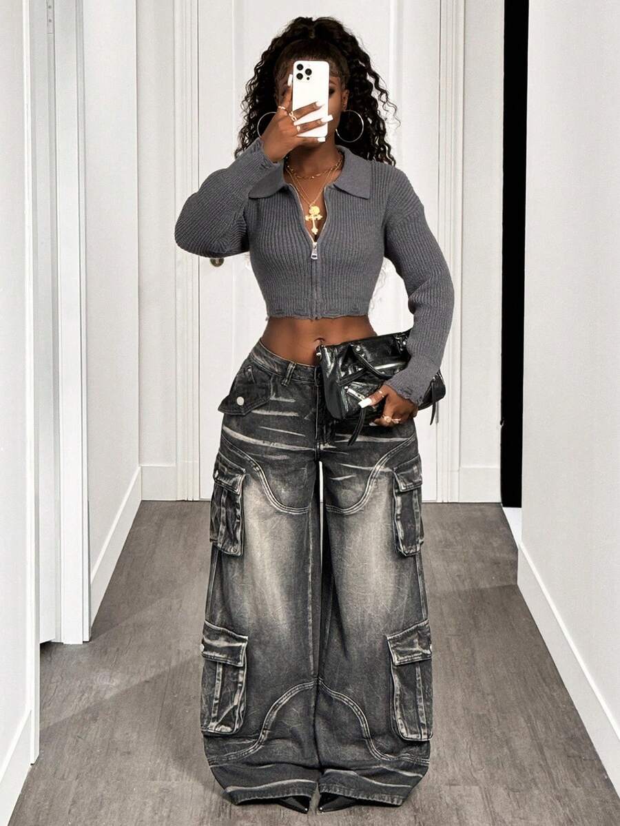 SHEIN BamGlam 女士时尚纯色短款开衫，秋季 - 深灰色 - 查看 1