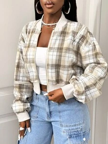 BamGleam Áo khoác nữ tay dài có khóa kéo ngắn họa tiết kẻ caro tối giản hàng ngày - trắng - Xem 3