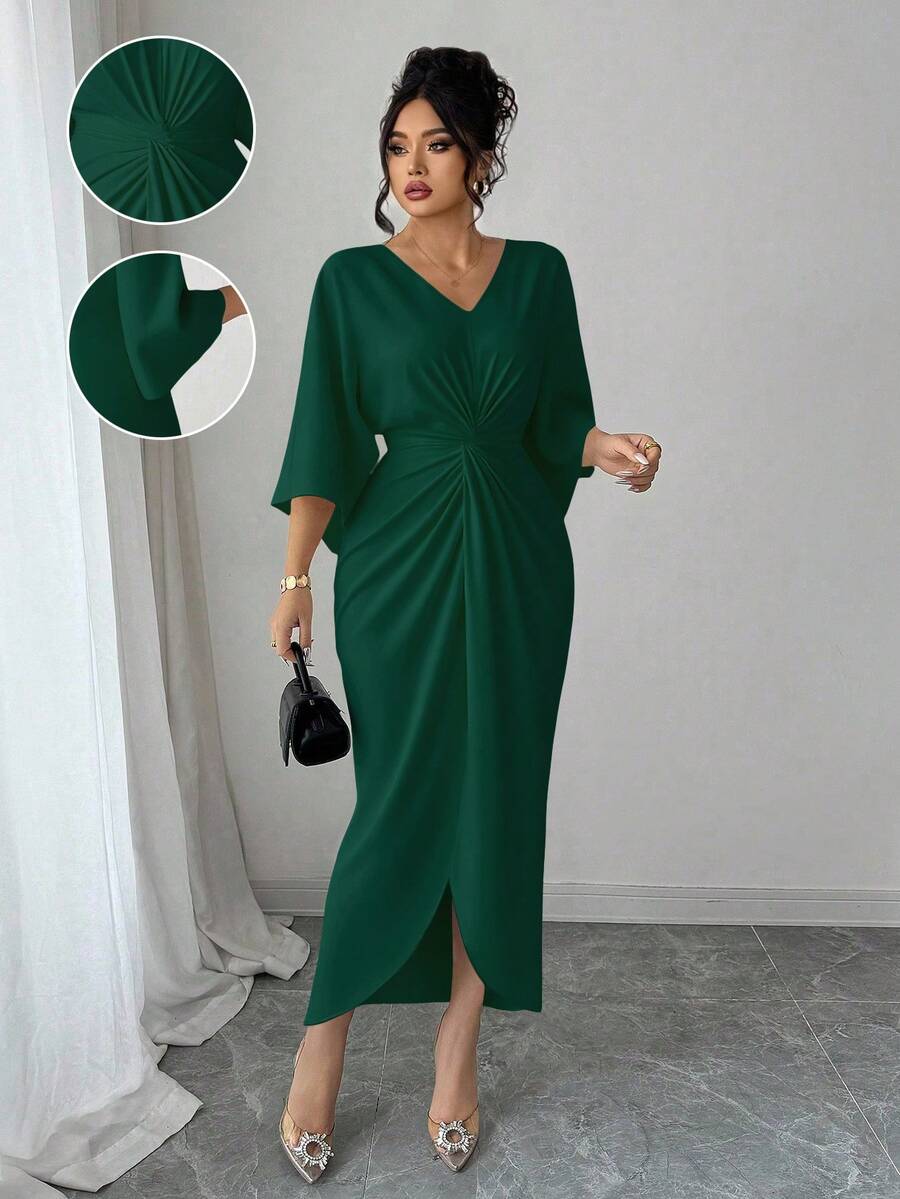 Elenzga Plus Size V-Neck Cinched Waist Bodycon Dress - Lime Green - View 1