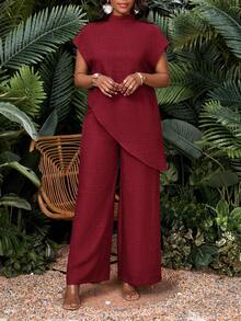 SHEIN Lady 女式纯色立领不对称下摆蝙蝠袖衬衫和阔腿裤休闲两件套 - 酒紅色 - 查看 5
