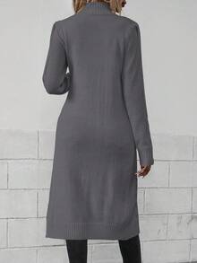 EMERY ROSE Casual Solid Color Stand Collar High Slit Sweater, Autumn/Winter - Dark Grey - View 2