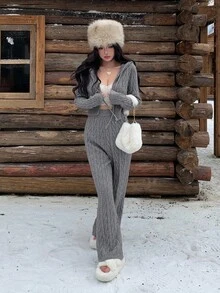 DAZY 秋冬休闲修身针织开衫和直筒裤套装，新年和圣诞节时尚连帽毛衣，纹理针织运动紧身裤，女士两件套毛衣套装 - 灰色 - 查看 4