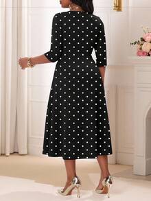 SHEIN Lady Plus Size Elegant Party Polka Dot Print Dress Black Polka Dot Dress Black And White Polka Dot Dress Church Dress For Women Polka Dot Dress Elegant Midi Dress Black And White Polkadot Dress Polka Dot Midi Dress Plus Size Polka Dot Print Black And White Round Neck Contrast Binding Split Midi Dress Three Quarter Length Sleeve Elegant Dress Black Skirt Plus Size Dress Women Cozy Fall And Winter Clothes For Women Thanksgiving Dress Black Dresses For Women Elegant Dresses For Women Casual Dresses For Women
