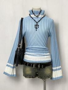 Flirla Suéter ajustado con cuello alto, mangas acampanadas y patrón de rayas de contraste, para uso casual y de oficina, otoño/invierno - Azul y blanco - Ver 1