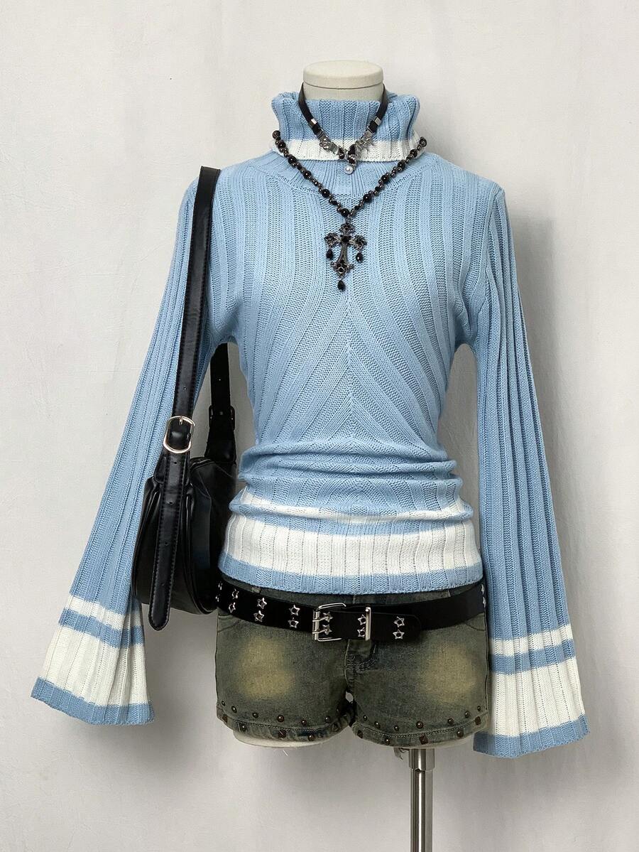 Flirla Suéter ajustado con cuello alto, mangas acampanadas y patrón de rayas de contraste, para uso casual y de oficina, otoño/invierno - Azul y blanco - Ver 1