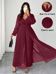 SHEIN Elenzya Bộ đồ liền thân ống rộng bằng vải voan ngọc trai cổ chữ V nhún bèo cỡ lớn, thích hợp cho khách dự tiệc cưới, bộ đồ liền thân màu đỏ tía thanh lịch dành cho quý cô, bộ đồ liền thân dài tay thắt eo cổ điển lãng mạn - Màu đỏ tím - Xem 1