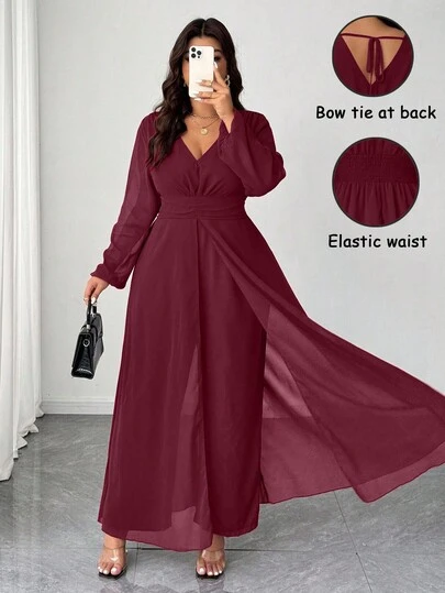 SHEIN Elenzya Macacão plus size elegante com decote em V, babados na cintura, chiffon perolado, pernas largas, adequado para convidadas de casamento, macacão elegante para mulheres na cor bordô, manga comprida, cintura marcada, macacão vintage romântico
