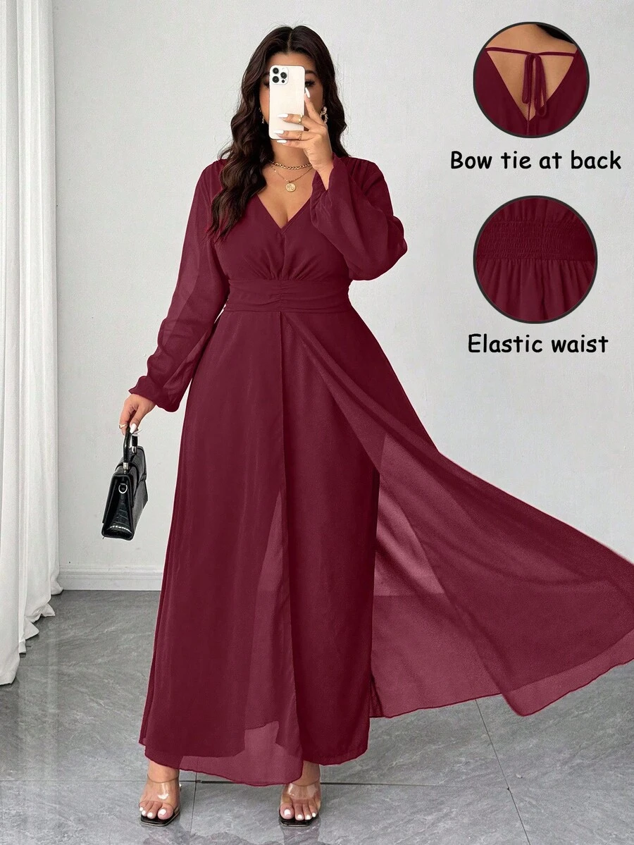 SHEIN Elenzya Bộ đồ liền thân ống rộng bằng vải voan ngọc trai cổ chữ V nhún bèo cỡ lớn, thích hợp cho khách dự tiệc cưới, bộ đồ liền thân màu đỏ tía thanh lịch dành cho quý cô, bộ đồ liền thân dài tay thắt eo cổ điển lãng mạn - Màu đỏ tím - Xem 1