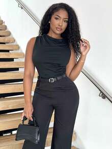 Alexandranx 1pc Women's Black Pleated Wide Leg Loose Jumpsuit With Belt, Casual Style, ,