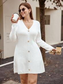 Easura Vestido suéter plus size com botões de rosa e decote em V elegante e ajustado