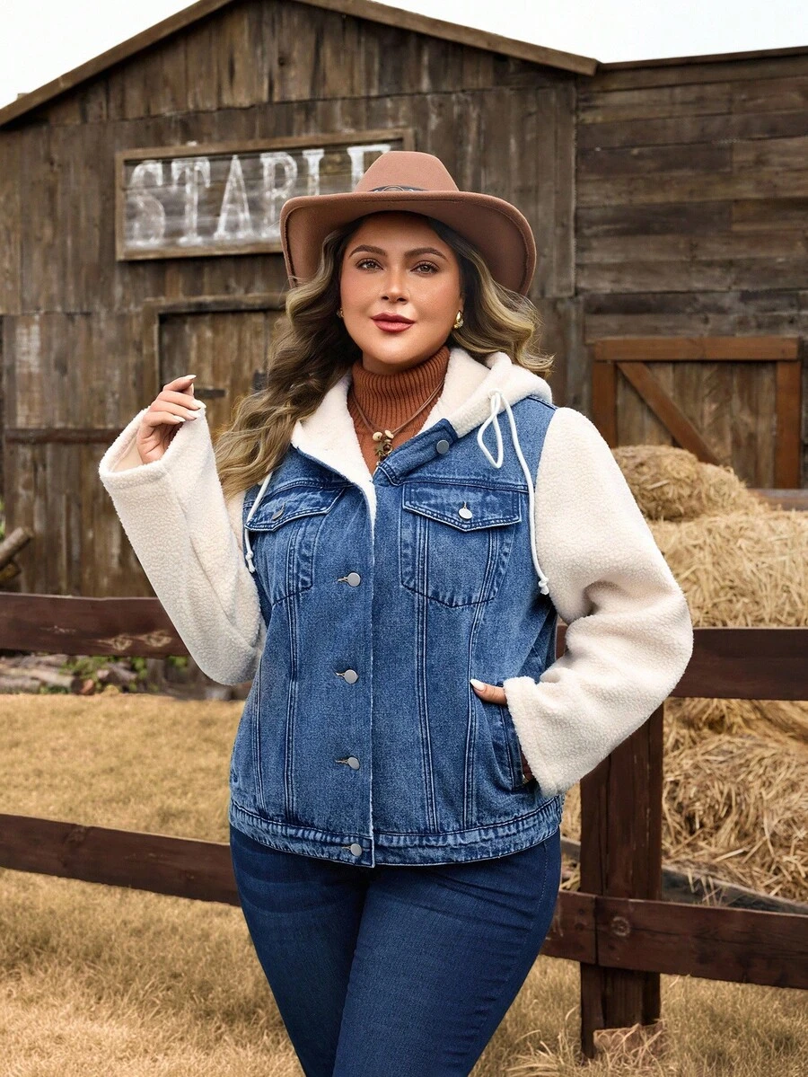 EMERY ROSE Plus Size Women's Autumn/Winter Thermal-Lined Denim Patchwork Jacket Women's Winter Jacket - Dark Wash - View 1