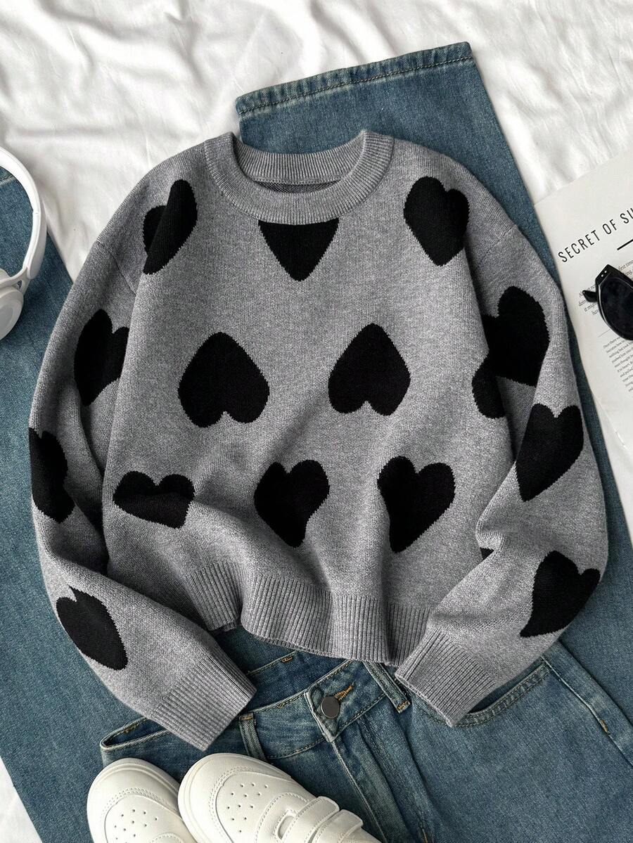 SHEIN 女童时尚简约心形图案提花针织长袖毛衣秋冬 - 灰色 - 查看 1