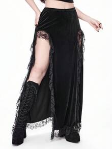 ROMWE Goth 哥特式性感高开叉蕾丝拼接天鹅绒女式半身裙 - 黑色 - 查看 13