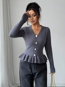 SHEIN Elenzya Slim Fit Ruffle Trim Button Closure Long Sleeve Solid Color Versatile Women Sweater - Grey - View 4