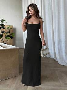 Jemour Women's Casual Elegant Fashion Sexy Criss-Cross Backless Split Hem Bodycon Midi Knit Slip Dress - Black - View 5