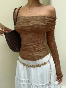 SHEIN Unity Áo ren xếp nếp trễ vai mỏng tay dài mùa thu - màu nâu - Xem 6