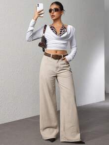 SHEIN ICON 女式高腰口袋阔腿宽松休闲牛仔裤 - 白色 - 查看 3