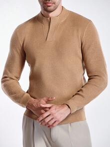 Manfinity Homme Men's Solid Color Long Sleeve Casual Pullover Sweater, Autumn/Winter - Khaki - View 3