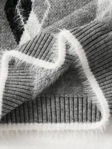 SHEIN Early Autumn Outfit - Argyle Girl Series Monet Flower Gray Knitted Sweater Paired With Fluffy Mini Skirt, Minimalist Fashion High-Quality Autumn/Winter Vibe Set - Multicolor - View 8