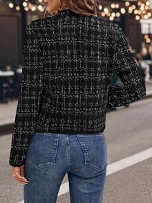 SHEIN Clasi 大码撞色滚边双排扣优雅职业装外套，长袖秋冬复古风外套，秋冬款，舒适保暖，2025秋冬女装，新年圣诞款 - 黑與白 - 查看 3