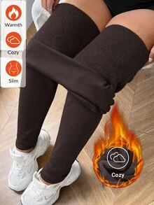 SHEIN EZwear 加大码巧克力棕色加厚保暖黑色打底裤，适合冬季穿着 - 巧克力棕 - 查看 1