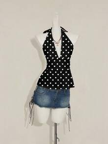 SHEIN ICON 女式复古波尔卡圆点图案露背深 V 领豹纹裹背衬衫，俱乐部服装女士性感、Y2K、垃圾摇滚、经典、老钱、俱乐部服装、派对、嘻哈、辣妹时尚、角色扮演 - 彩色 - 查看 3