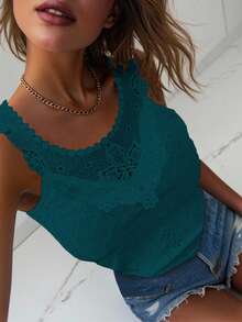 Chiquease Fashionable Versatile Casual Solid Color Embroidered Tank Top - Dark Green - View 1