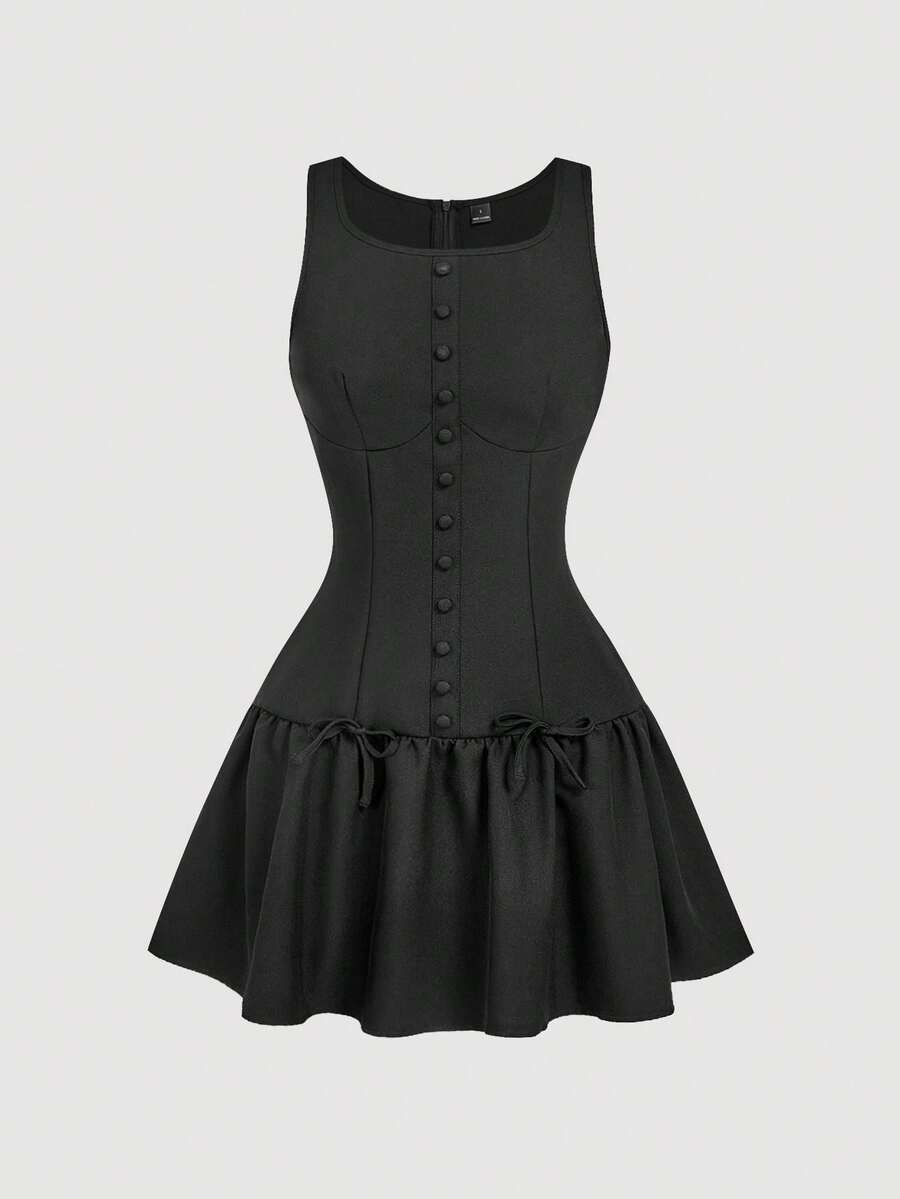 SHEIN MOD Women's Button & Bow Decor Mini Dress - Black - View 1