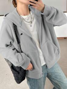 SHEIN 青少年女孩休闲宽松双面羊毛夹克，带马匹刺绣，简约学院风秋冬女童服装 - 淺灰色 - 查看 6