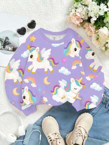 SHEIN Sudadera de manga larga de punto cómoda y holgada con estampado de unicornio arcoíris de dibujos animados, apropiada para otoño/invierno, para niñas jóvenes de uso casual y lindo - Multicolor - Ver 2