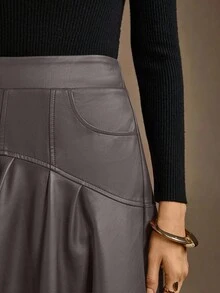 MOTF PREMIUM WOMEN'S PU LEATHER FOLD PLEATED A-LINE SKIRT - Grey - View 6