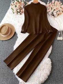 GlowEve 2 piezas Conjunto de camisa y pantalones de unicolor casual, otoño - Marrón Chocolate - Ver 2