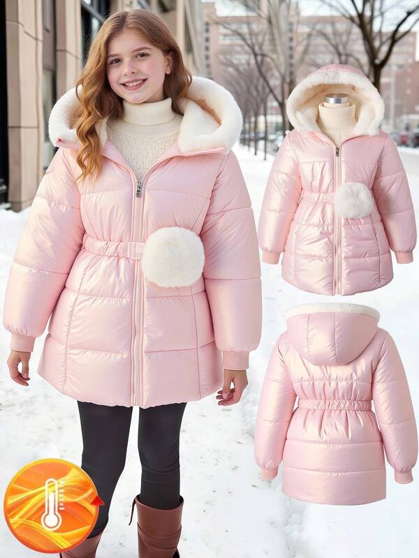SHEIN Tween Girls Sweet Padded Hooded Jacket, Waist Cinched, Minimalist Fashion Mid-Length Cotton Coat, Winter