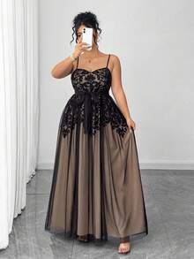 Elenzga 加大码优雅女式黑色网眼裸色衬里蕾丝印花优雅精致连衣裙，适合返校、毕业、情人节、音乐节、母亲节、万圣节、感恩节、复活节、国庆节、舞会、约会派对、婚礼季、户外郊游 - 黑色 - 查看 1