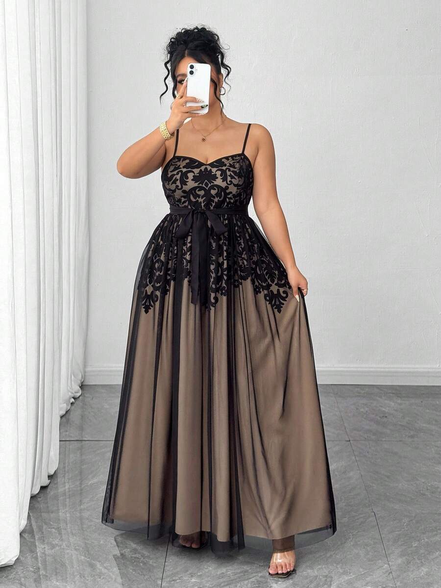 Elenzga 加大码优雅女式黑色网眼裸色衬里蕾丝印花优雅精致连衣裙，适合返校、毕业、情人节、音乐节、母亲节、万圣节、感恩节、复活节、国庆节、舞会、约会派对、婚礼季、户外郊游 - 黑色 - 查看 1