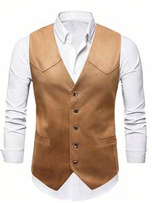 Manfinity Nomadique 男士休闲麂皮背心，纯色，单排扣，适合秋季度假穿着，西部牛仔风格，男士无袖乡村音乐会服装，冬季款