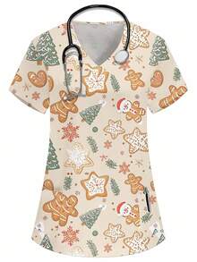 PopScrub Weihnachts-Khaki V-Ausschnitt Kurzarm Doppeltasche süßer Lebkuchenmann, Kinder, Weihnachtsmann Mütze, Weihnachtsbaum, Schneeflocke Cartoon Muster Krankenschwester/Arzt Arbeitsuniform Kasack/ Untersuchungs-OP-Uniform/Damen einfarbige Tiergroomingarbeitsuniform Top/Ernährungsberater Arbeitsuniform Kurzarm/Multitaschen funktionelle Laborarbeitsuniform, funktionelle Damen Feiertags-, Weihnachts-Oberteile, Weihnachtsdekoration, niedlich, fröhlich - Khaki - Übersicht 1