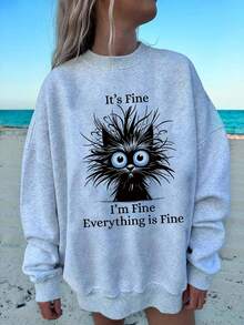 Veykashi Halloween Casual I'M FINE Cat Graphic Print Loose Fit Thick Crew Neck Long Sleeve Hoodie Sweatshirt, Autumn/Winter Fall Cute Sweatshirt Halloween Sweatshirt Oversized Sweatshirt Women Women Sweatshirts Graphic Sweatshirts Oversized Sweatshirt Woman Women Sweatshirts