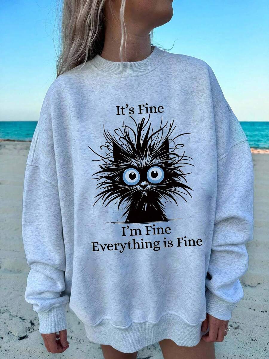 Veykashi Halloween Casual I'M FINE Cat Graphic Print Loose Fit Thick Crew Neck Long Sleeve Hoodie Sweatshirt, Autumn/Winter Fall Cute Sweatshirt Halloween Sweatshirt Oversized Sweatshirt Women Women Sweatshirts Graphic Sweatshirts Oversized Sweatshirt Woman Women Sweatshirts