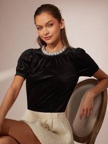 Enchnt Women's Black Elegant Velvet Pearl Decor Round Neck Puff Short Sleeve Top, Summer Party Night Chic & Fashionable For Holiday & Christmas - Black - View 4