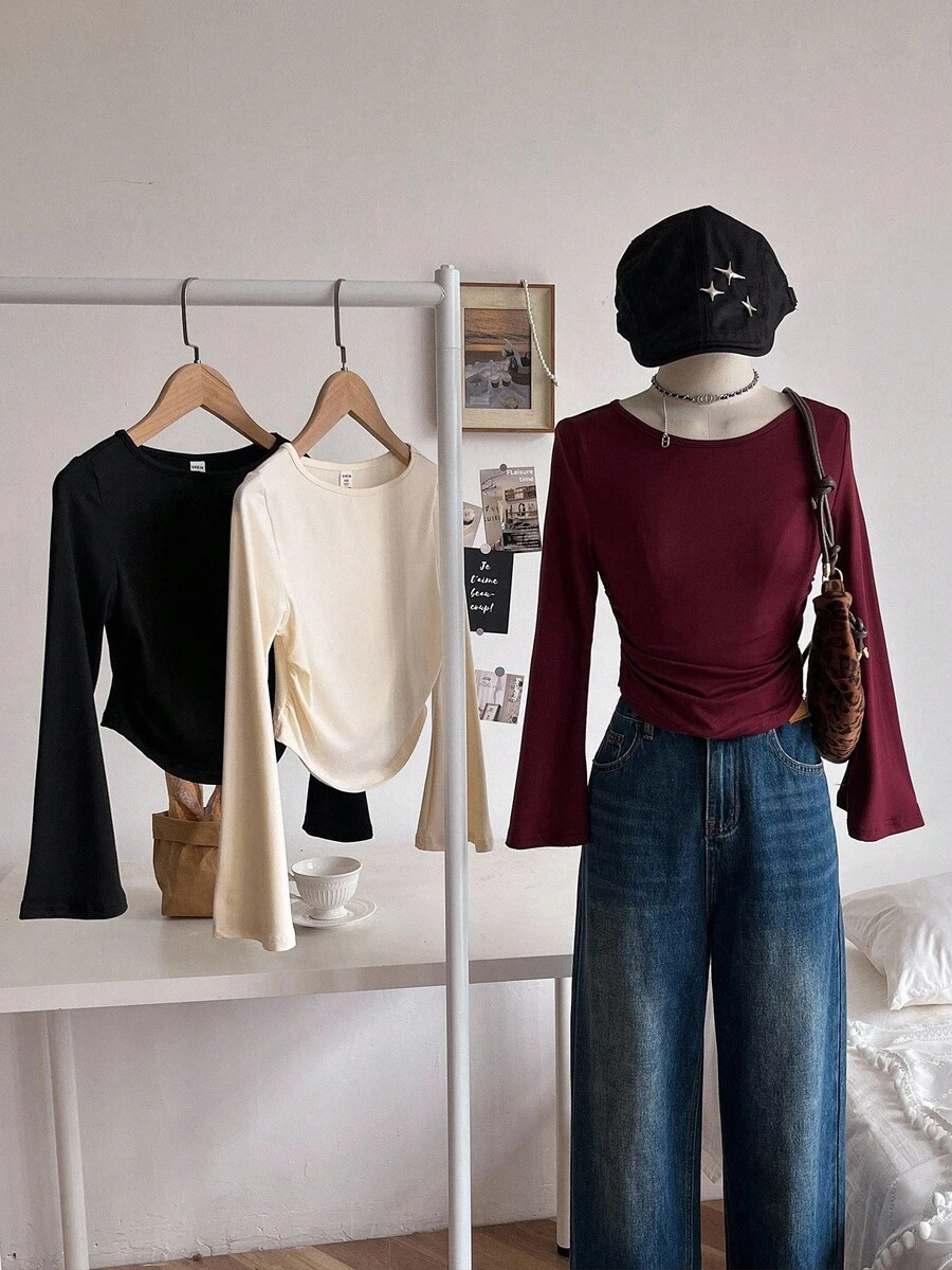 T-shirt décontracté à col rond, manches évasées à volants, couleur unie, pour préadolescentes